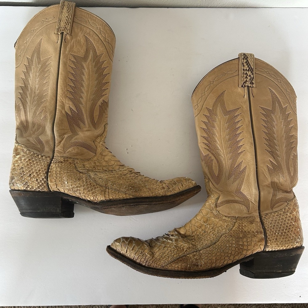 Tony Lama Snakeskin Cowboy Boots Mens 9.5 D Tan Good Exotic Leather Western 8721 - Picture 9 of 12